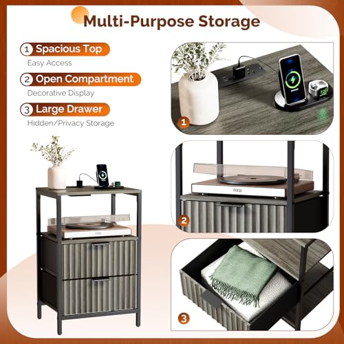 VINGLI Grey Night Stand with Charging Station and Fabric Drawers, Fluted Nightstand Gray with Drawers, Grey Bedside Table/End Table for Bedroom, 14.96" W*11.81" D*23.78" H - color: Grey, size: 15"W-2 Drawer 1 Shelf