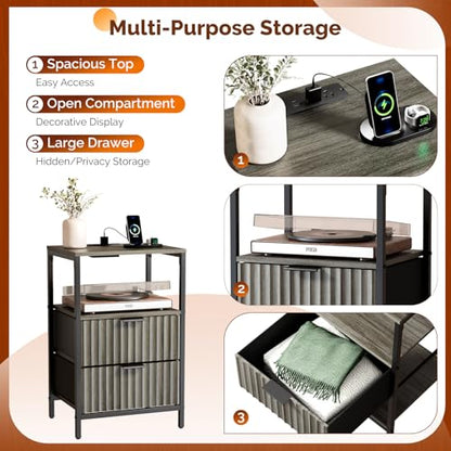 VINGLI Grey Night Stand with Charging Station and Fabric Drawers, Fluted Nightstand Gray with Drawers, Grey Bedside Table/End Table for Bedroom, 14.96" W*11.81" D*23.78" H - color: Grey, size: 15"W-2 Drawer 1 Shelf