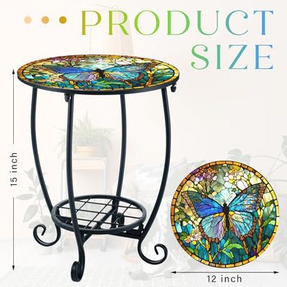 Cinnvoice Outdoor Side Table Round Small Mosaic Patio Accent Indoor End Plant Coffee Tea Table for Yard Patio Porch Garden Living Room, Bedroom(Butterfly Style,12 Inch) - size: 12 Inch, style: Butterfly Style