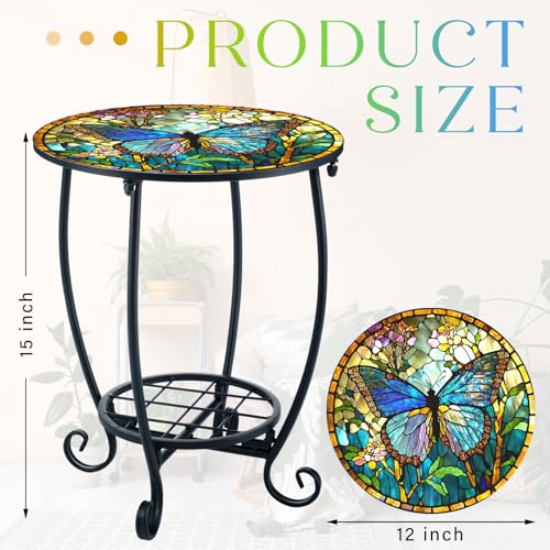 Cinnvoice Outdoor Side Table Round Small Mosaic Patio Accent Indoor End Plant Coffee Tea Table for Yard Patio Porch Garden Living Room, Bedroom(Butterfly Style,12 Inch) - size: 12 Inch, style: Butterfly Style