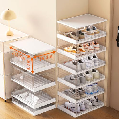 Thicken & Sturdy Clear Shoe Storage Organizer with Magnetic Door,Stackable Plastic Shoe Box，for Closet, Shoe Storage Box Containers,Easy Assembly，Set of 3