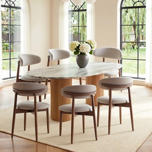 COLAMY Mid-Century Modern Wooden Dining Chair Set of 6, Indoor Upholstered Kitchen Chairs with 2.6" Cozy Padded Seat, Walnut Finish Side Dining Chair, [Gray] - color: Grey, size: 6 Chairs