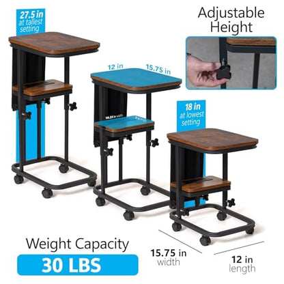 C Shaped End Table with Charging Station, Adjustable Height with Lockable Wheels & Storage Pouch, Rolling Side Table Slide Under Couch Laptop Desk, Small Sofa Table for Living Room (Small) - size: Small