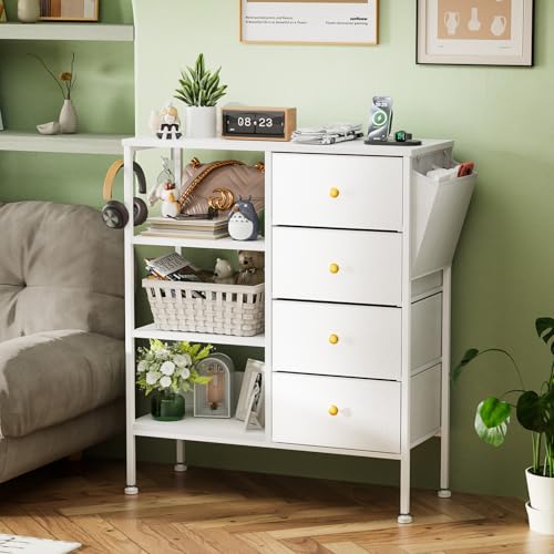Nightstand with Charging Station, Bedside Table with 4 Drawers and 3-Tier Shelf, White Dresser, LED End Table with Wooden Top for Bedroom, Office, Living Room, Hallway-White