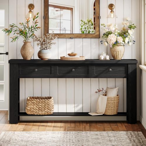 Tribesigns 70.9-Inch Long Console Table with 3 Drawers, Farmhouse Entryway Table with Storage, Rectangular Narrow Sofa Table Behind the Couch, Accent Table for Hallway, Living Room, Entry, Black - color: Black
