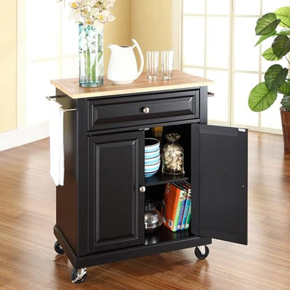Crosley Furniture Compact Wood Top Small Rolling Cart with Shelves, Microwave Stand with Towel Rack, Black - color: Black, style: Natural Wood Top