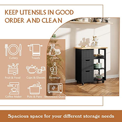 SUNLEI Kitchen Island with Storage Cart Rolling Coffee Small Butcher Block Table Microwave with 3 Drawers on Wheels Station Portable Mobile Narrow Moveable Utility Counter Wood Top Spaces Bar Food - size: 26.6 INCH, style: Black