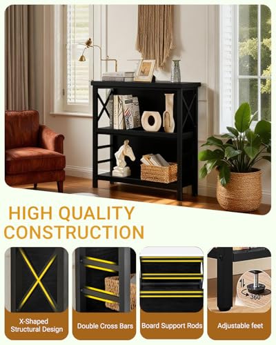 MNEETRUNG Small Bookshelf,3 Tier Industrial Bookcase with Metal Frame and Backboard,Low Black Book Shelf,Book case for Small Spaces,Living Room,Bedroom and Home Office - color: Black, size: 3-Tier (29.5"W x 11.8"D x 29.2"H)