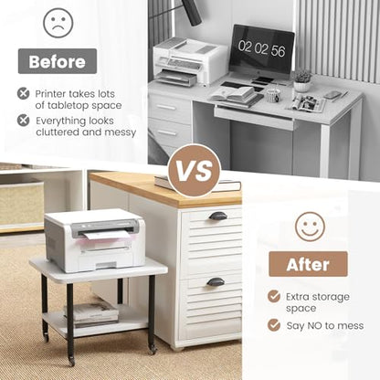 Tangkula Printer Stand with Storage, Under Desk Printer Table with 4 Wheels & Locking Mechanism, 2-Tier Rolling End Table Storage Rack for Bedroom, Living Room, Study - color: White