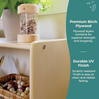 Guidecraft EdQ Two Shelf Open Storage 24'' Natural with 3 Fabric Bins: Wooden Multi-Purpose Bookcases and Toy Storage Organizer; Homeschool and Classroom Furniture - color: Natural
