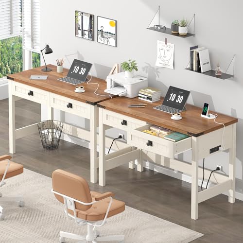 YOMILUVE Farmhouse Computer Desk with 2 Drawers, 39 Inch Small Office Computer Desk with Power Outlets, Compact Writing Study Desk for Small Spaces, Antique White - color: Antique White