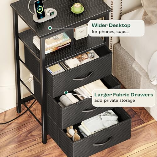 Huuger Night Stand with Charger Station and LED Lights, 3 Drawer Nightstand, Bed Side Table with Open Shelf, End Table, Tall Fabric Dresser for Bedroom, Black - color: Black, size: 11.8"D x 15.7"W x 27.6"H（3 Drawers）