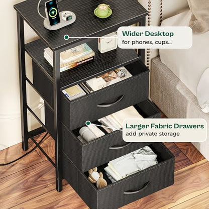 Huuger Night Stand with Charger Station and LED Lights, 3 Drawer Nightstand, Bed Side Table with Open Shelf, End Table, Tall Fabric Dresser for Bedroom, Black - color: Black, size: 11.8"D x 15.7"W x 27.6"H（3 Drawers）