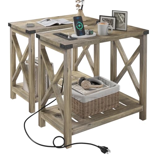 Hadulcet Farmhouse End Tables Living Room Set of 2 - Narrow Side Table with Charging Station, Slim Nightstand for Small Space, Skinny Bedside Table, Sofa Side Table with Storage Shelf, Elegant Gray - color: Elegant Gray