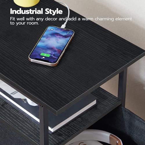 HOOBRO End Table with Charging Station, Narrow Side Table, Nightstand with 2 Non-Woven Drawers, Slim Sofa Side Table, for Small Spaces, Living Room, Bedroom, Black BB486UBZ01 - color: Black, size: 11.8"L x 18.9"W x 23.6"H