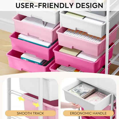 Rolling cart with 8 drawers,Storage drawer cart with wooden tabletop,Lockable wheels organizer for homeschool, arts & crafts, classroom, office & creative spaces (Pink) - color: Pink