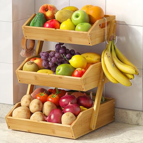 Sevenblue 3-Tier Bamboo Fruit Basket with 2 Banana Holders | Large tiered organizer for bread, snacks, veggies. Sturdy bamboo, includes mats & dividers. Easy to assemble. - color: Natural, size: 3 Tier