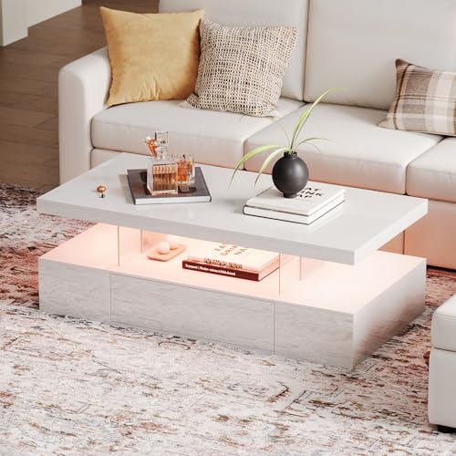 ChooChoo Modern LED Coffee Table, High Glossy Center Table with Drawer, Rectangle Coffee Table with Storage for Living Room, Bedroom, White