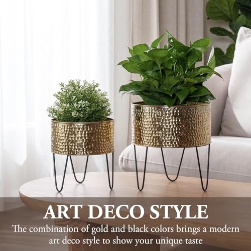 MyGift Modern Brass Tone Metal Planter Pots with Pebbled Texture, Hammered Plant Containers with Matte Black Wire Stands, 2 Piece Set, 8 and 10 Inch - Handcrafted in India - color: Brass
