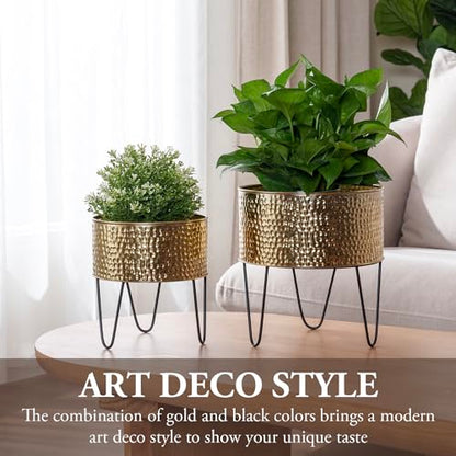 MyGift Modern Brass Tone Metal Planter Pots with Pebbled Texture, Hammered Plant Containers with Matte Black Wire Stands, 2 Piece Set, 8 and 10 Inch - Handcrafted in India - color: Brass