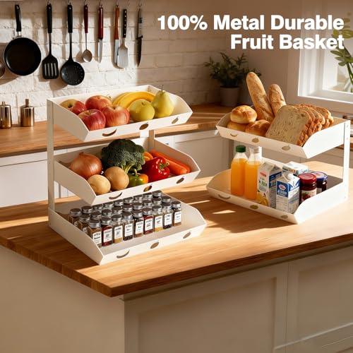 GOENDR Fruit Basket for Kitchen Counter – 3 Tier Metal Fruit Bowl with Banana Hanger, Convertible to 2 Tier, Large Capacity Countertop Organizer for Fruit Vegetables Bread Snack Produce Storage