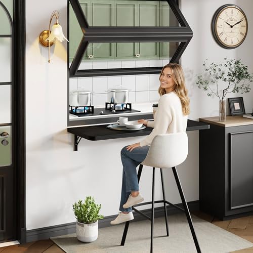 Dogsky 36" x 14" Floating Wall Desk, Fold Down Wall Table - 200 lbs Heavy Duty Solid Pine Wall Mount Folding Desk for Home Office, Laundry Room, Kitchen & Small Apartment, Black - color: Black, size: 36'' x 13.7'' x 6.3''