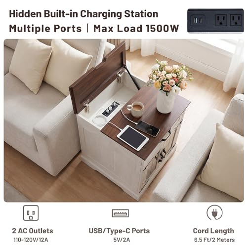 23.6" W Farmhouse End Table with Hidden Charging Station,Farmhouse Side Table with Drawer for Sofa Couch or Bedside, Rustic Nightstand with Storage for Living Room, Bedroom (Off White)