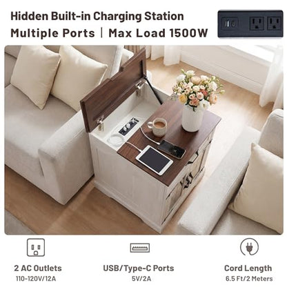 23.6" W Farmhouse End Table with Hidden Charging Station,Farmhouse Side Table with Drawer for Sofa Couch or Bedside, Rustic Nightstand with Storage for Living Room, Bedroom (Off White)