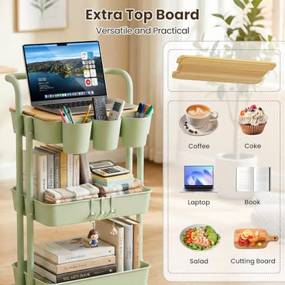 3 Tier Rolling Cart, Multifunctional Storage Cart with Table Top, Lockable Wheels, Heavy Duty Metal Frame Utility Cart for Kitchen, Bathroom, Office, Bedroom (Green) - color: Green