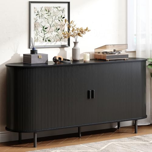 Buffet Cabinet with Storage, Fluted Sideboard Buffet with Sliding Door, Coffee Bar Cabinet with Adjustable Shelf, Console Table, Accent Table for Entryway, Kitchen (Black, 63 Inch) - color: Black, size: 63 Inch