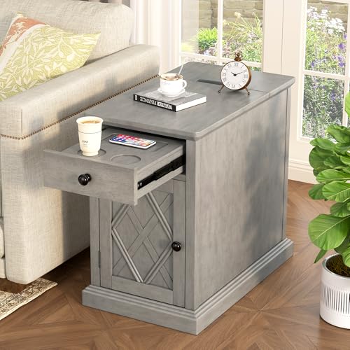 Multifunctional Classic Vintage End Table with USB Ports and 1 Drawer with Cup Holders, Sofa Side Narrow Table with Storage, Bedside Nightstand for Living Room Bedroom (Antique Gray-4.3) - color: Antique Gray-4.3