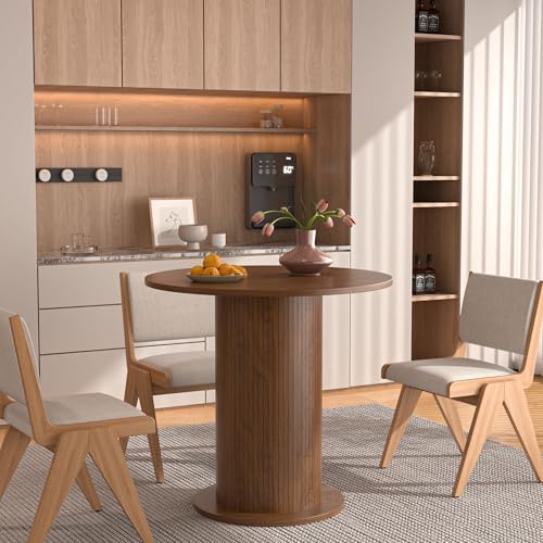 31.5 inch Round Dining Table for 2, Modern Farmhouse Kitchen Table, Small Circle Dining Tables with Wood Strip Base for Kitchen Living Room (Walnut) - color: Walnut