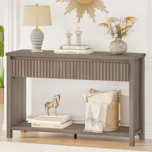 BON AUGURE Console Table with Storage, 47In Entryway Table with Drawers, Grey Couch Tables Behind Sofa, Narrow Sofa Tables with 2-Tier Shelf for Living Room, Hallway, Front Door, Greige Oak - color: Greige Oak