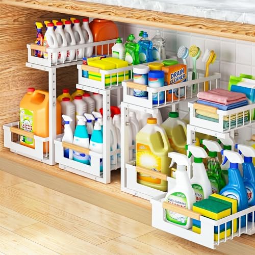 Under Sink Organizer, 2 Tier Pull Out Cabinet Organizer with 5 Adjustable Heights, Metal Under Sink Storage with Sliding Drawers for Kitchen, Bathroom, Pantry and Laundry Room, 4-Pack White - color: White-4 Pack