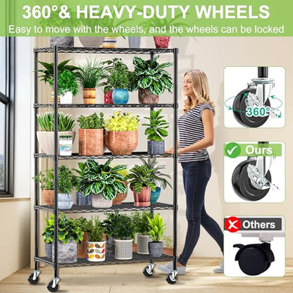 5 Tier Wire Metal Shelving Rack Garage Storage Rolling Shelves with Wheels | Heavy Duty Adjustable Industrial Shelve Steel Sturdy Utility Shelving for Kitchen Garage Pantry Bathroom Laundry - size: 5-Tier Metal Shelf（36L x 14W x 75H）