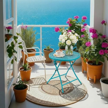 TeoKJ Folding Outdoor Side Tables, Anti Rust Small Patio Table Round Metal Nightstand with Flower Cutouts for Porch Yard Balcony Deck Lawn, Blue - color: Blue