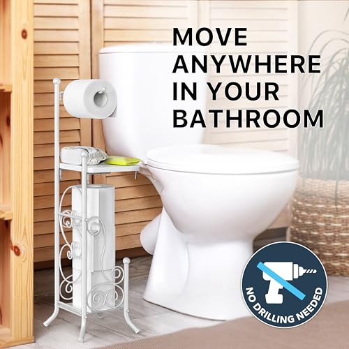 Simple Houseware English Style Toilet Paper Stand Holder w/Woodtop, White | 4 Paper Rolls, 8.5" x 8.75" x 29.2" - color: White, size: Wood Shelf - 29.2''H