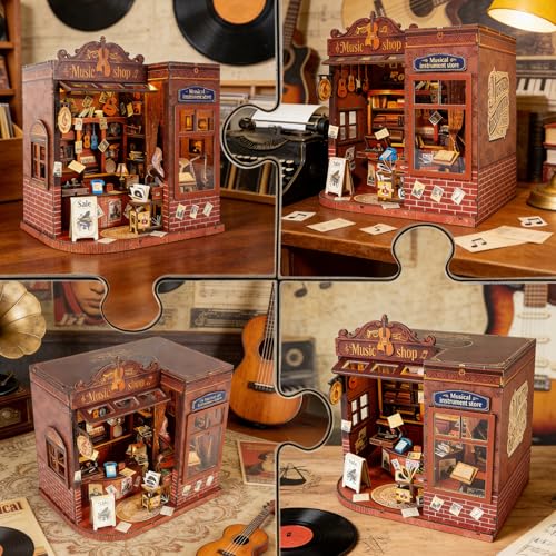 Music Shop 3D Wooden Puzzle, Book Nook Kit with LED Lights,3-Star Difficulty Craft Set for Adults & Teens, 4-6 Hours Relaxing Assembly,Unique Home Decor Birthday Gift for Music Lovers