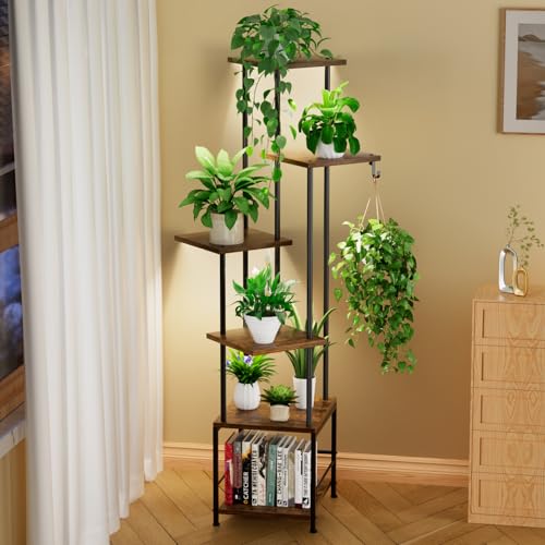 Homsorout Plant Stand Indoor with Grow Light - 6-Tier Metal Plant Shelf with Hanging Basket Hook, Corner Tall Flower Holder for Multiple Plants, Living Room Balcony Garden Patio, Rustic Brown - color: 6-Tiered Brown with grow light