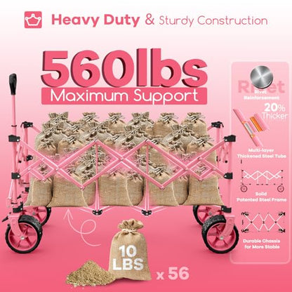 Originsure 300L Collapsible Beach Wagon Cart with Big Wheels, 560lbs, Pink | 48" Foldable Utility Wagon,7" All-Terrain Wheels,Heavy Duty Frame,Compact&Space-Saving,for Camping,Sports,Grocery,Garden - color: Pink