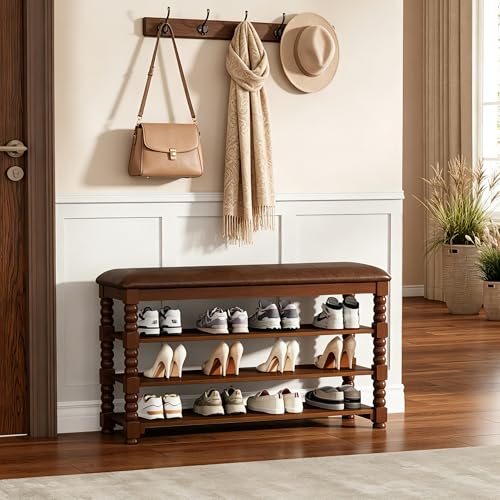 Homleke 39.4" Wide Solid Wood Shoe Rack Bench with Classic Turned Ball Legs | Tall 3-Tier Entryway Bench with Leather Seat, Holds Up to 12 Pairs, for Hallway, Bedroom and Closet, Walnut - color: Walnut, size: 3-Tier 39.4 Inch