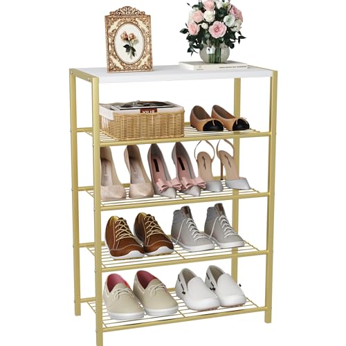 HOMEFORT 5-Tier Shoe Rack, Shoe Storage Shelf, Industrial Shoe Tower, Narrow Shoe Organizer for Closet Entryway, Small Shoe Rack Table with Durable Metal Shelves, Gold - color: Gold, size: 5-Tier (11.8"D x 23.23"W x 32.68"H)