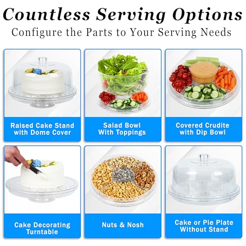 7in1 Rotating Multifunctional Acrylic Cake Stand with Lid & Cake Turntable | 12" Cake Turntable for Decorating Kit Serving Salad Bowl/Veggie Platter/Punch Bowl/Desert Platter - BPA Free - style: Multifunctional Cake Stand & Turntable