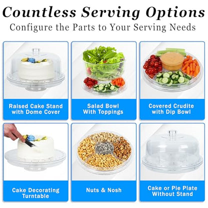 7in1 Rotating Multifunctional Acrylic Cake Stand with Lid & Cake Turntable | 12" Cake Turntable for Decorating Kit Serving Salad Bowl/Veggie Platter/Punch Bowl/Desert Platter - BPA Free - style: Multifunctional Cake Stand & Turntable