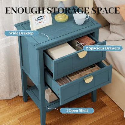 vistavie 22" Blue End Table with 2 Drawers and Open Shelf, Accent Side Table with Storage, Gold Handles and Solid Wood Legs for Living Room, Sofa Side - color: Blue Set of 1