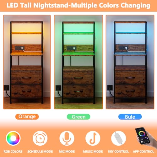 Furnulem Night Stand, Tall Nightstand with 4-Tier Shelves, 2 Fabric Drawers and LED Lights, Bed Side Tables with Charging Station, Bedside Table for Bedroom, Office, Rustic Brown - color: Rustic Brown, size: 2 Drawer