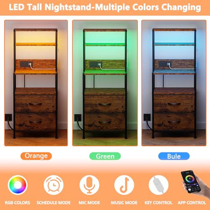 Furnulem Night Stand, Tall Nightstand with 4-Tier Shelves, 2 Fabric Drawers and LED Lights, Bed Side Tables with Charging Station, Bedside Table for Bedroom, Office, Rustic Brown - color: Rustic Brown, size: 2 Drawer