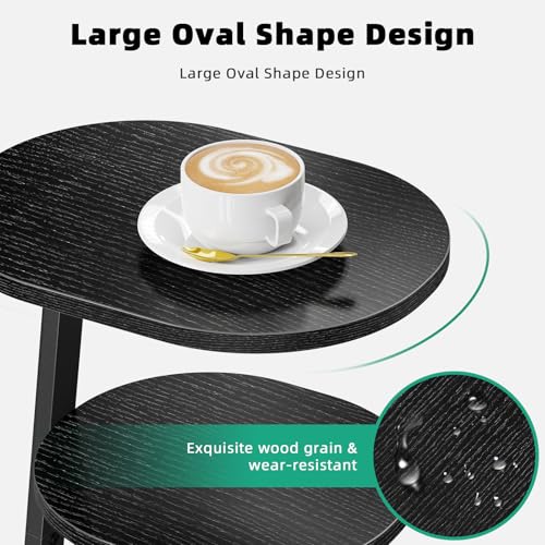 Kalrin Side Table, Small End Table with Metal Frame, 3-Tier Bedside Tables, Round Side Tables for Living Room Bedroom Couch Bathroom, Oval, Pure Black - color: Pure Black