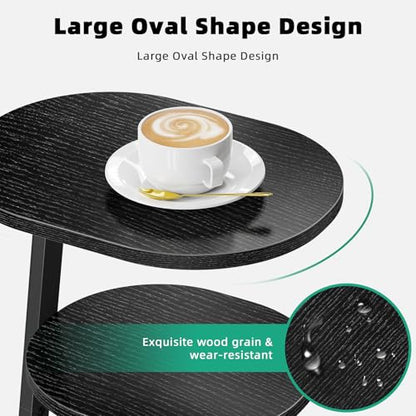 Kalrin Side Table, Small End Table with Metal Frame, 3-Tier Bedside Tables, Round Side Tables for Living Room Bedroom Couch Bathroom, Oval, Pure Black - color: Pure Black