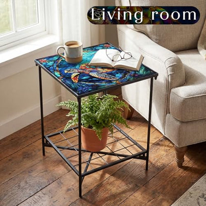 Cinnvoice Outdoor Side Table 2-Tier Storage Square Small Mosaic Patio Accent Indoor End Plant Coffee Tea Table for Yard Patio Porch Garden Living Room, Bedroom(Turtle Style) - style: Turtle Style